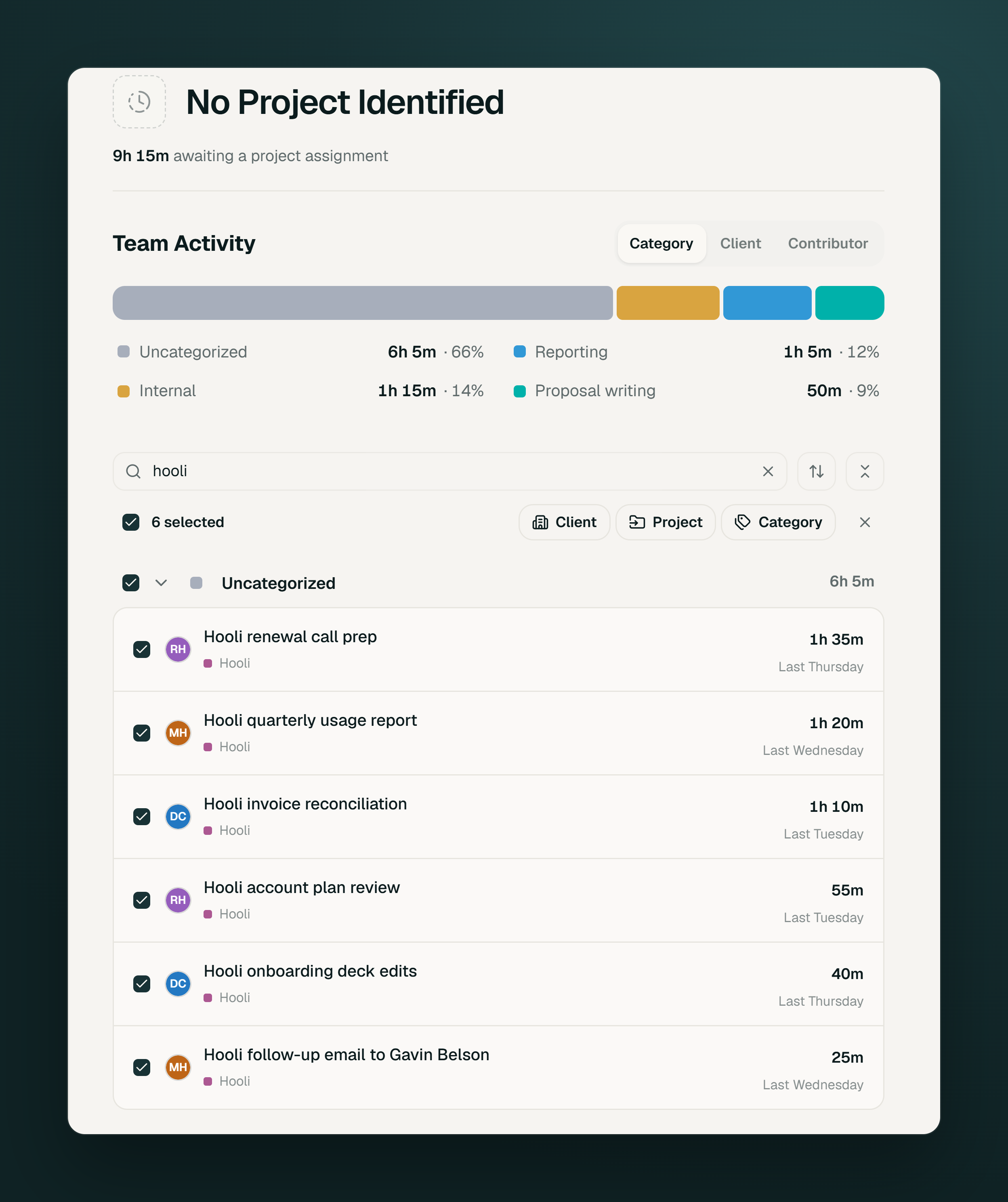 Six example entries are selected for a category change in Timeglass.