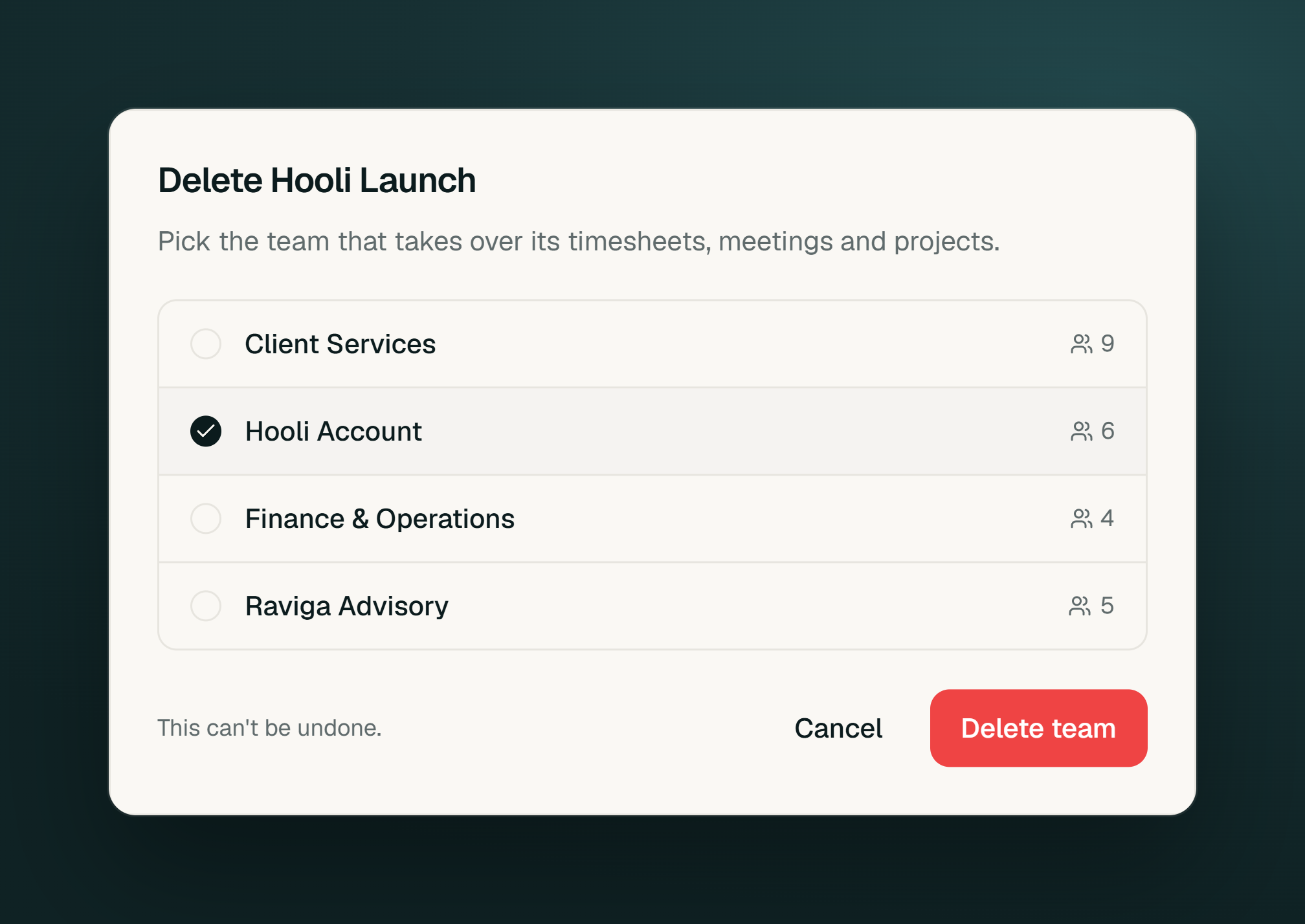 The Timeglass team removal dialog shows another team selected to receive its history.