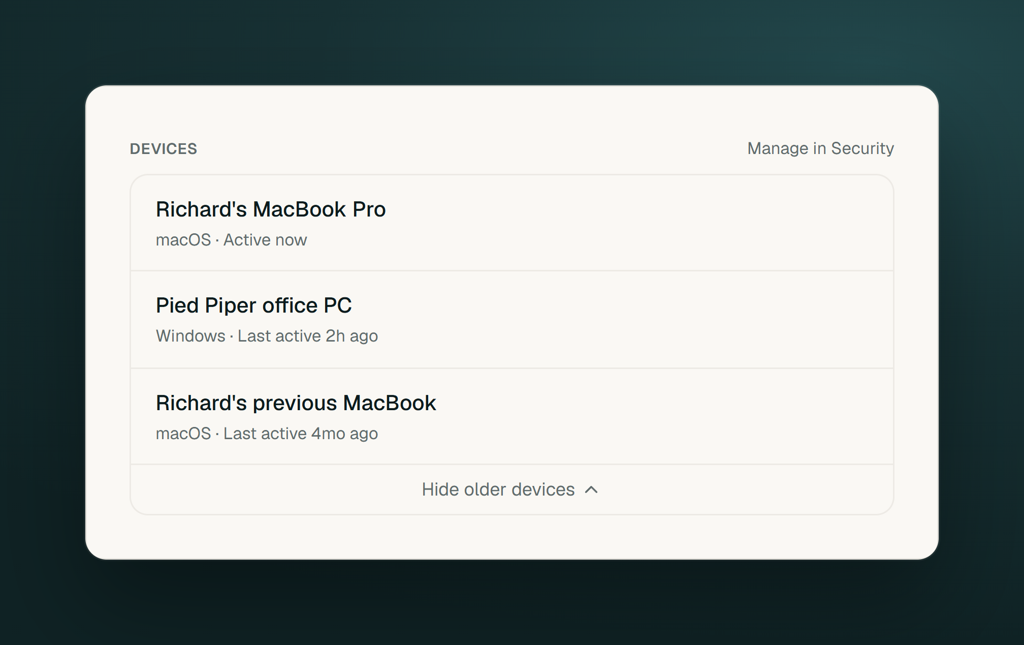 Timeglass lists a fictional teammate’s MacBook and office PC.