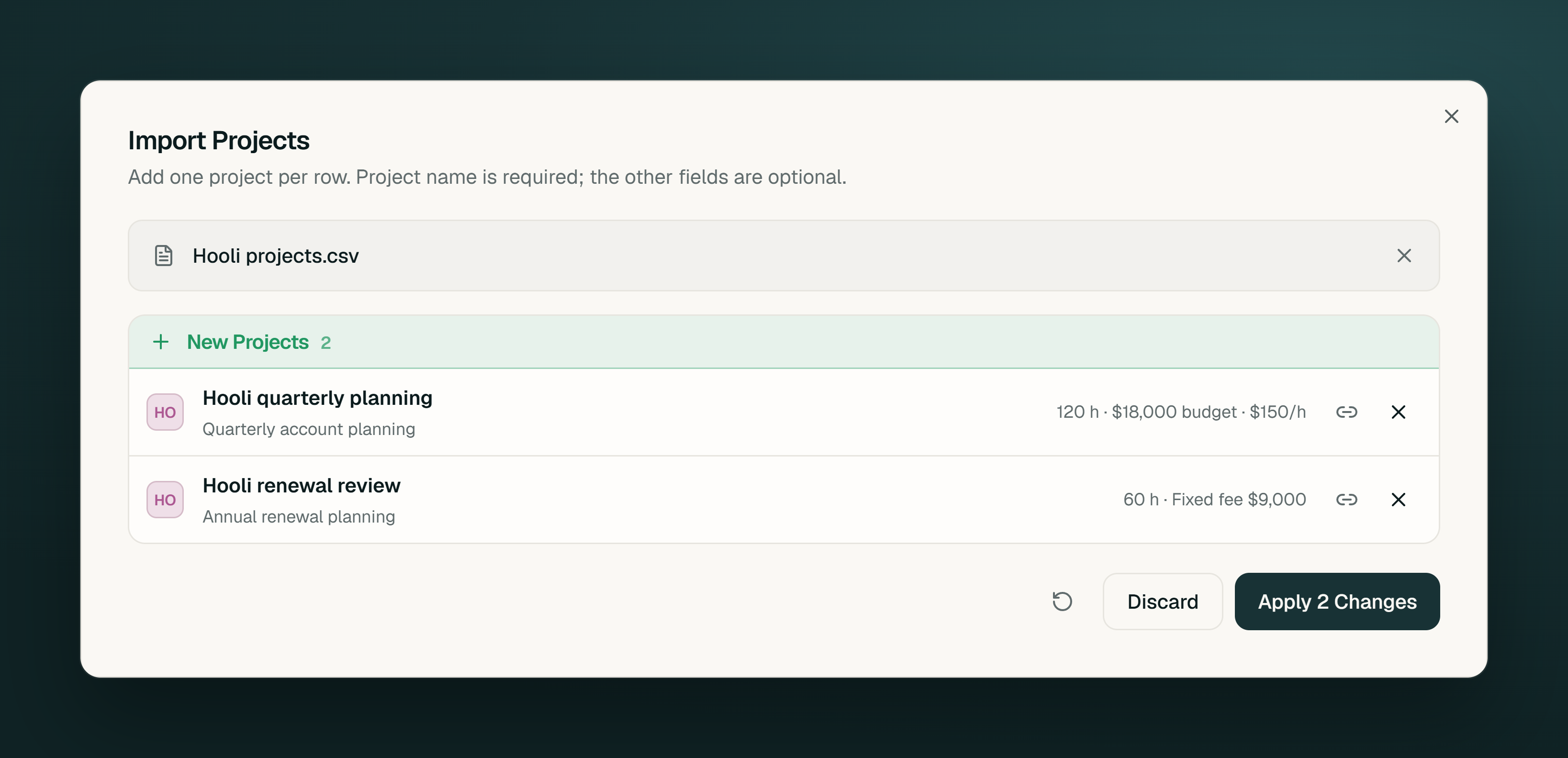 Project import preview showing fictional Hooli projects with hourly and fixed-fee budgets.