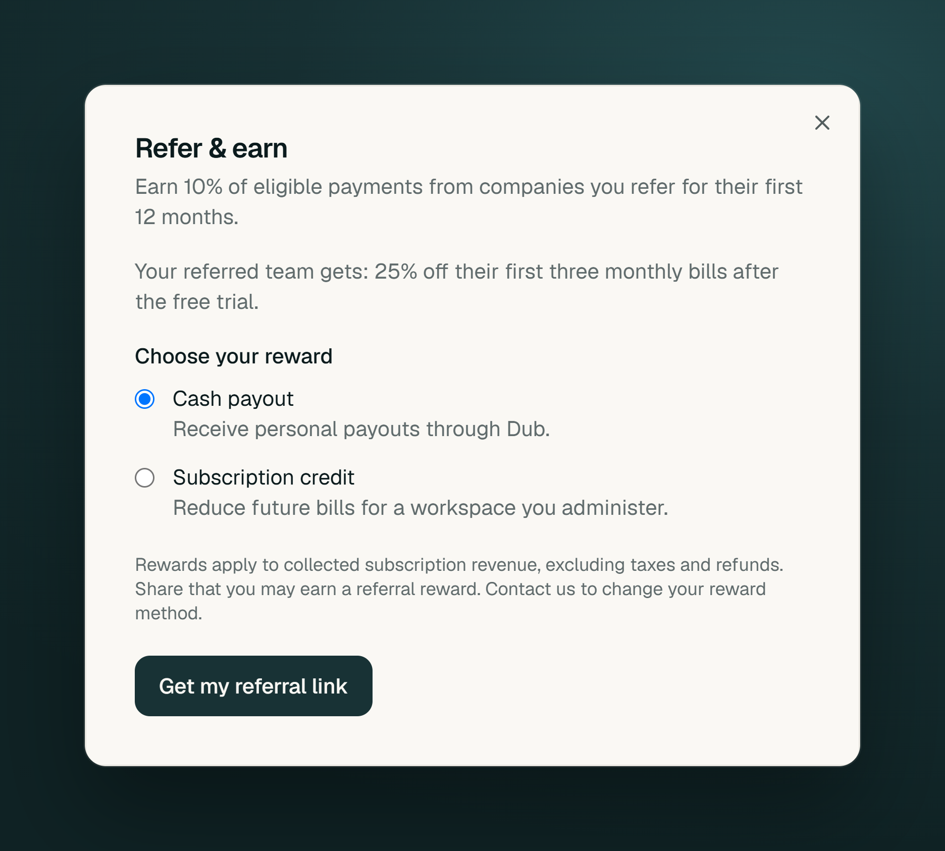 Timeglass referral reward options for cash payout or subscription credit.