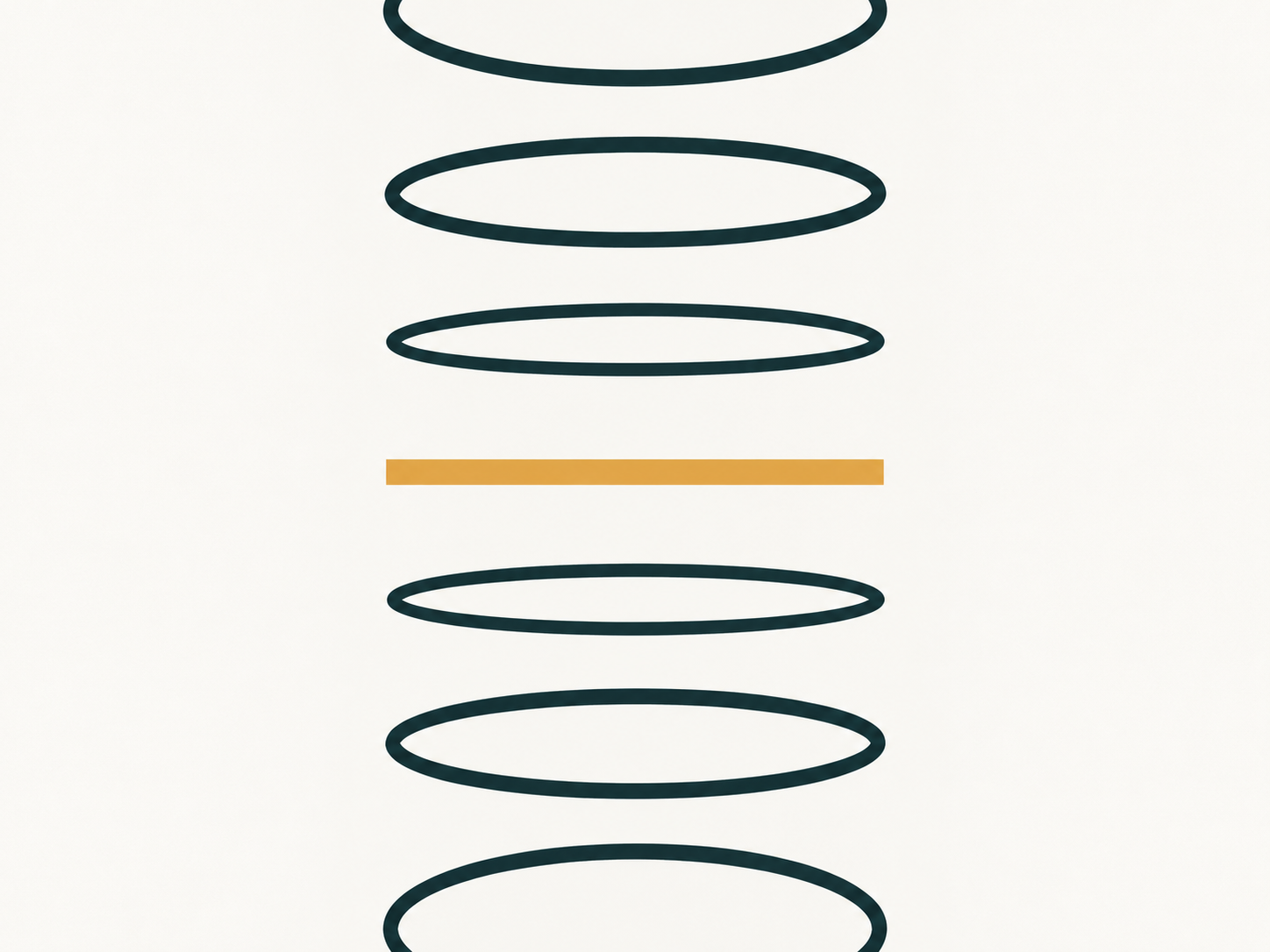 Dark teal rings stacked above and below a gold horizontal bar on a cream background.