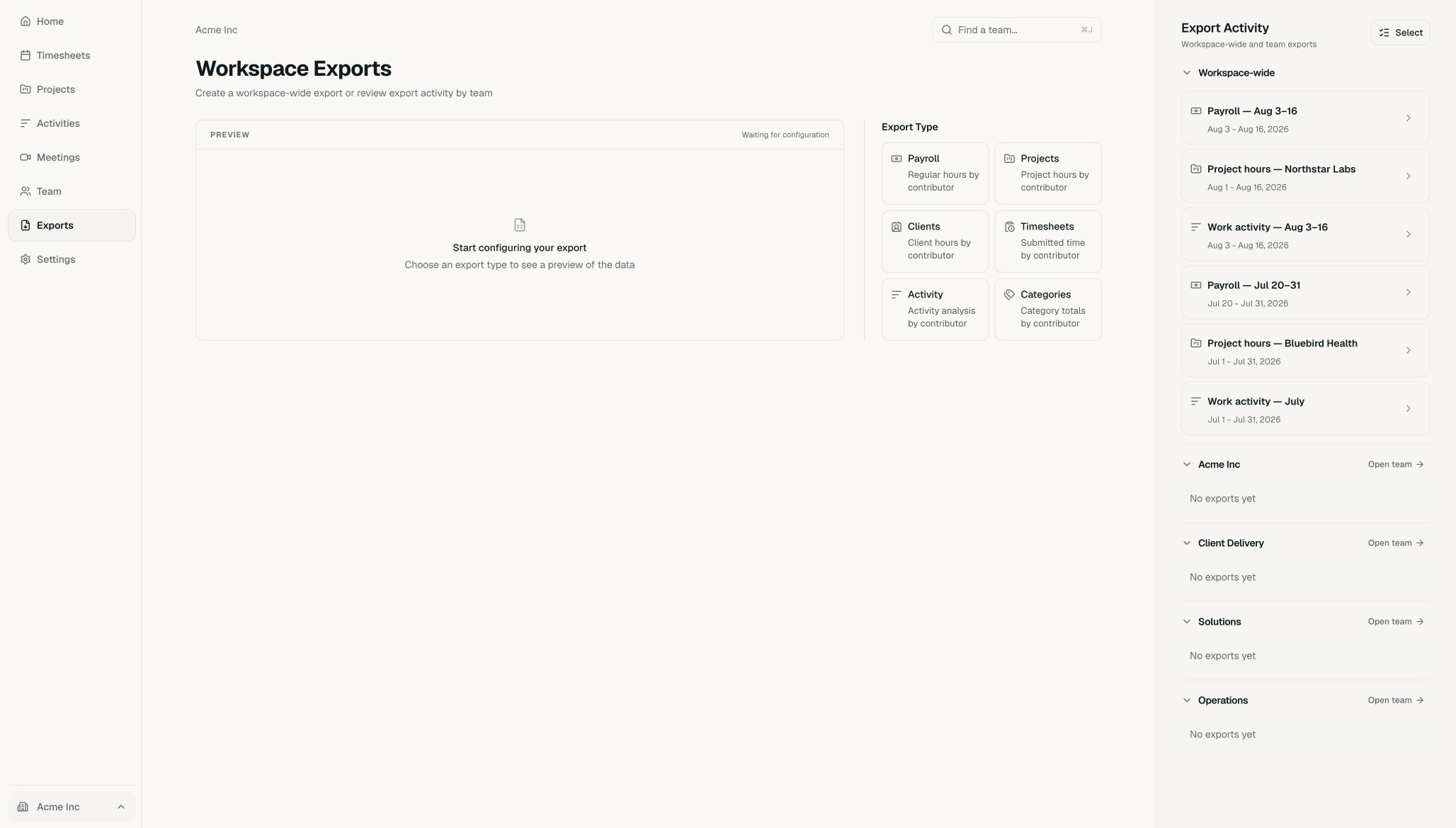Acme Workspace Exports page before an export type is selected