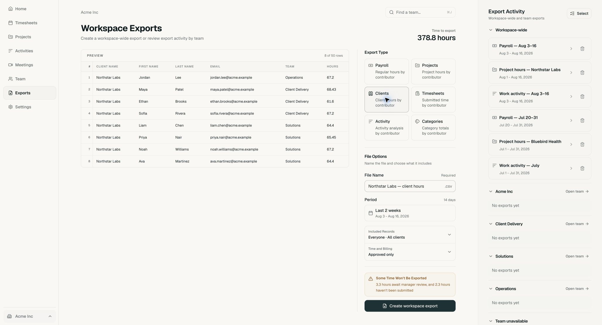 Acme export builder configured for Clients