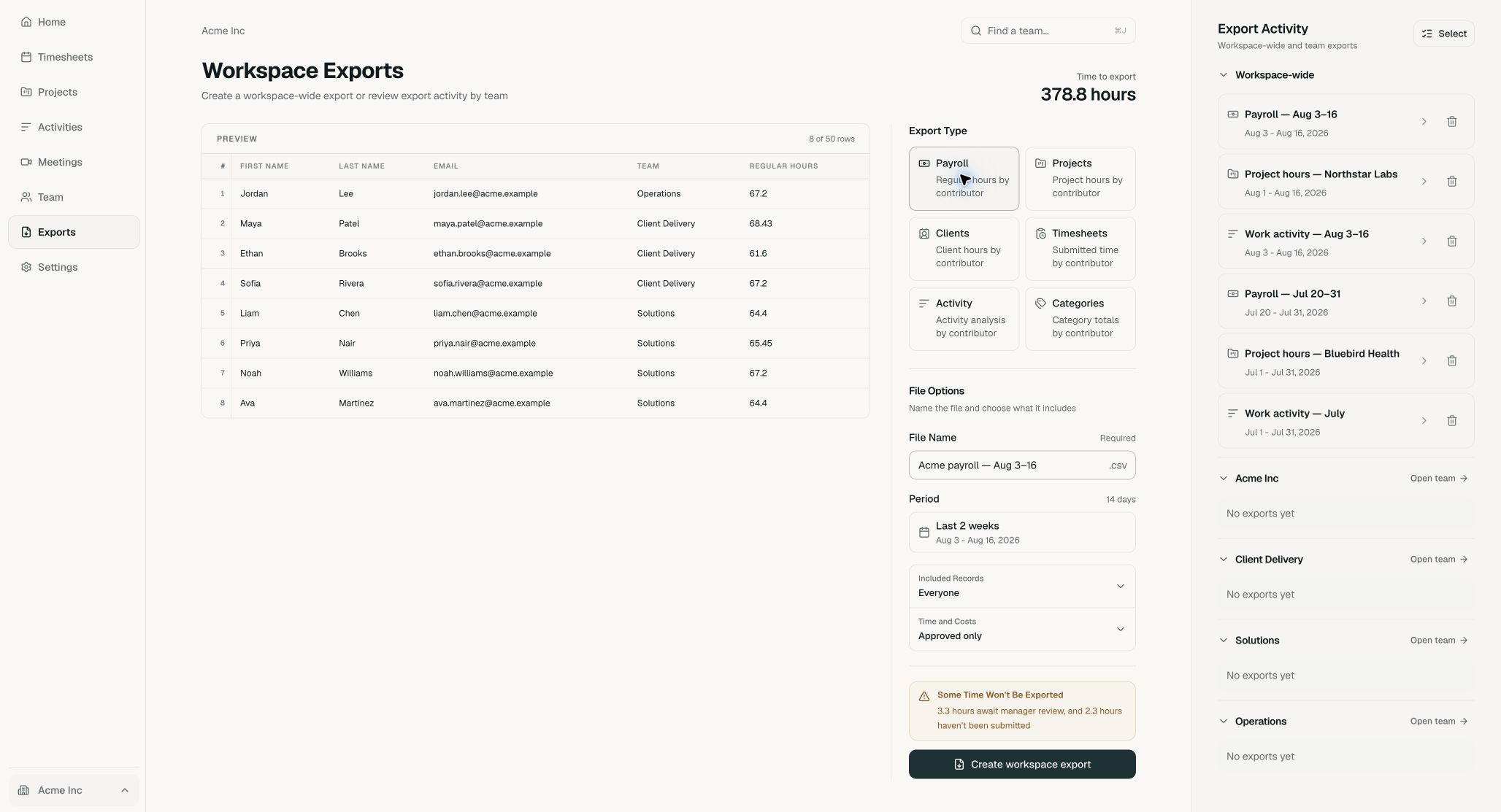 Acme export builder configured for Payroll