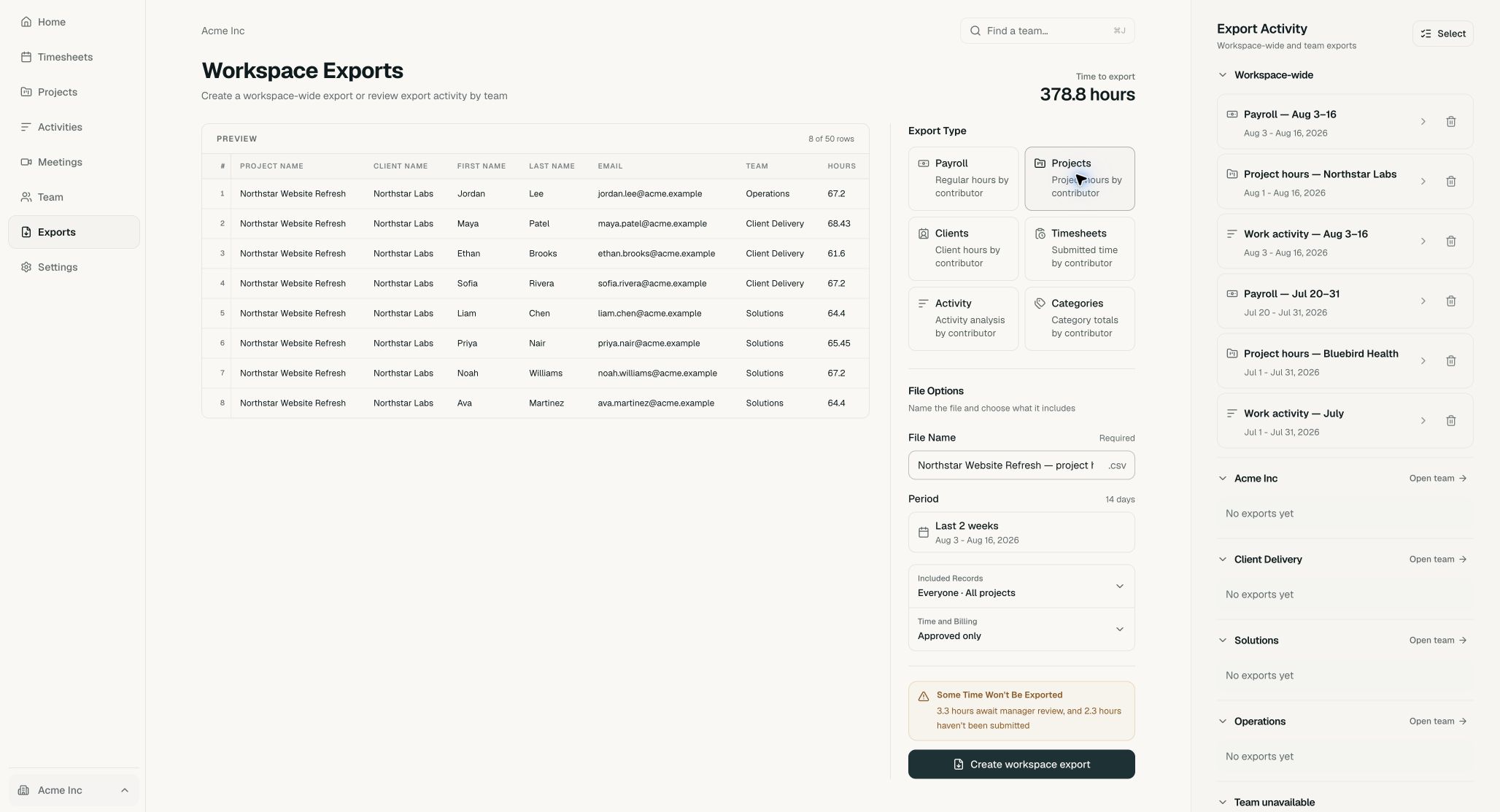 Acme export builder configured for Projects