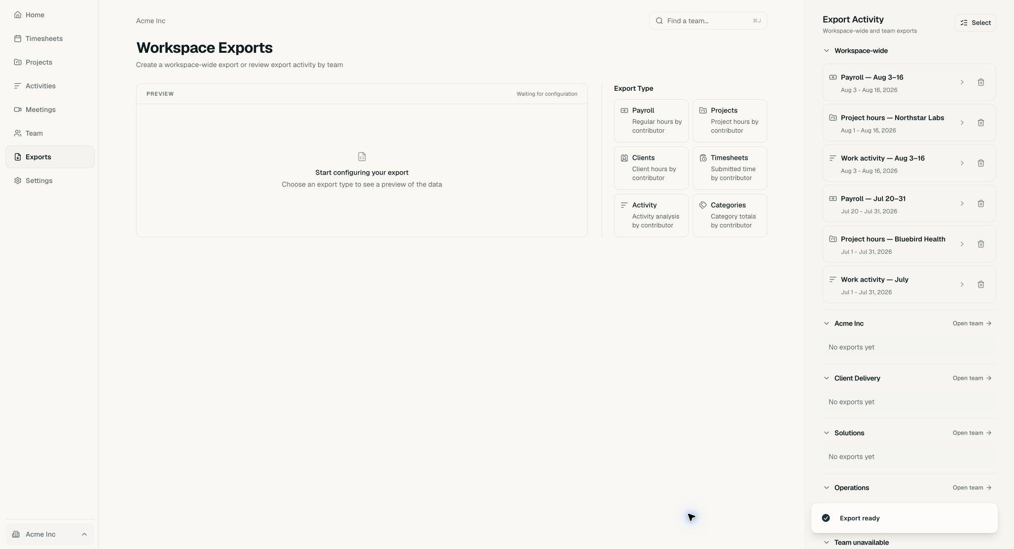 Acme Exports page after creating Northstar Website Refresh — project hours
