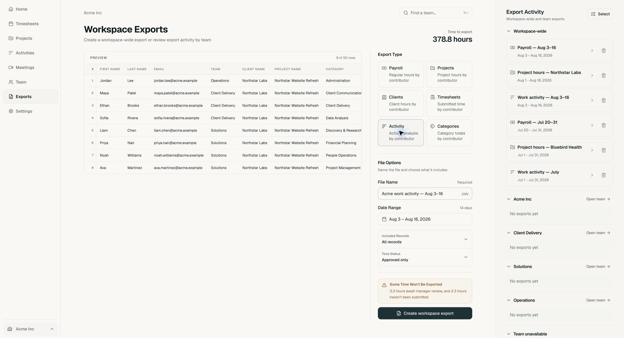 Acme export builder configured for Activity