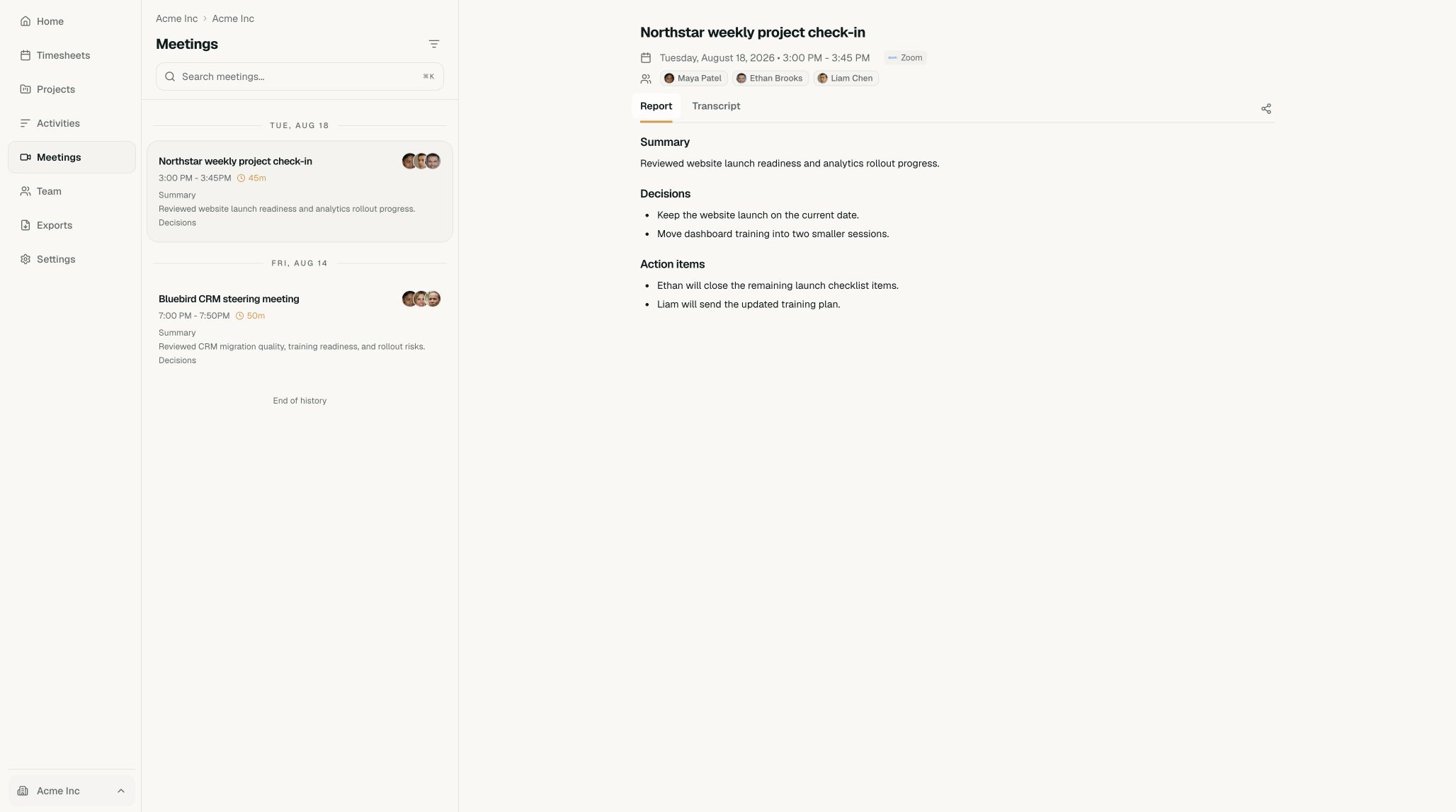 Acme Meetings page with Northstar weekly project check-in selected