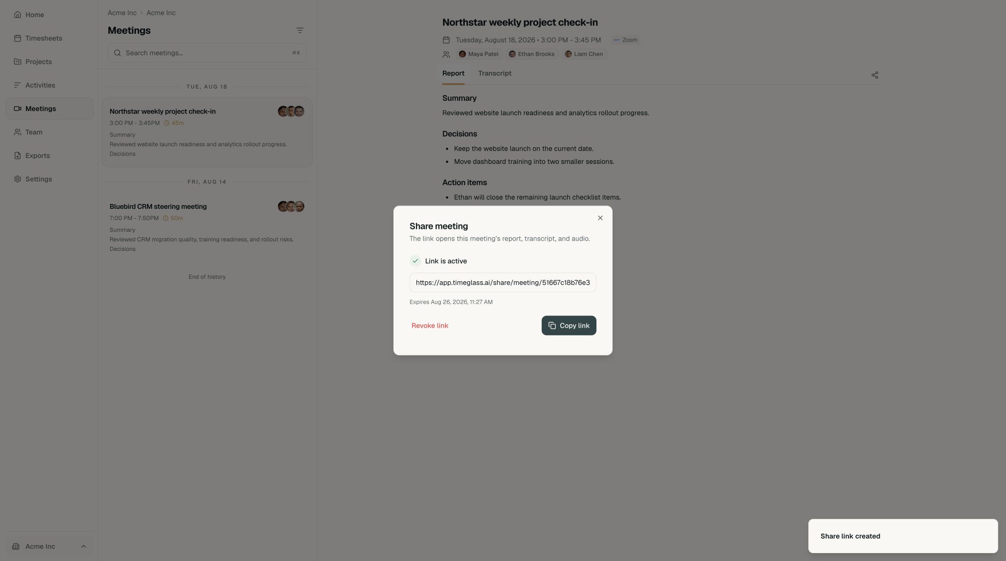 Share meeting dialog with an active private link