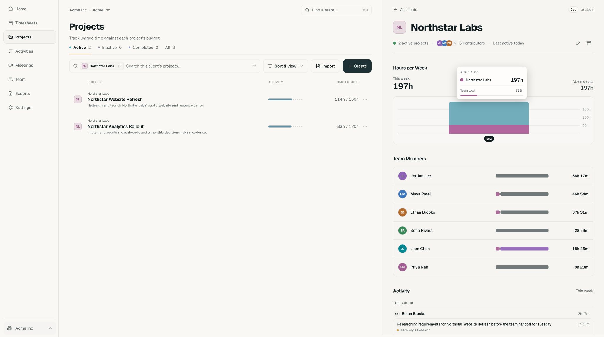 Northstar Labs client panel showing 197 hours all time