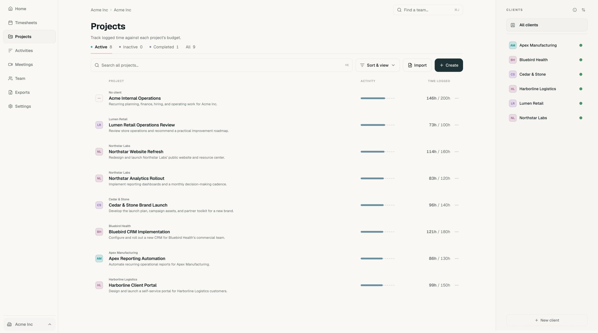 Acme Projects page with the active project list