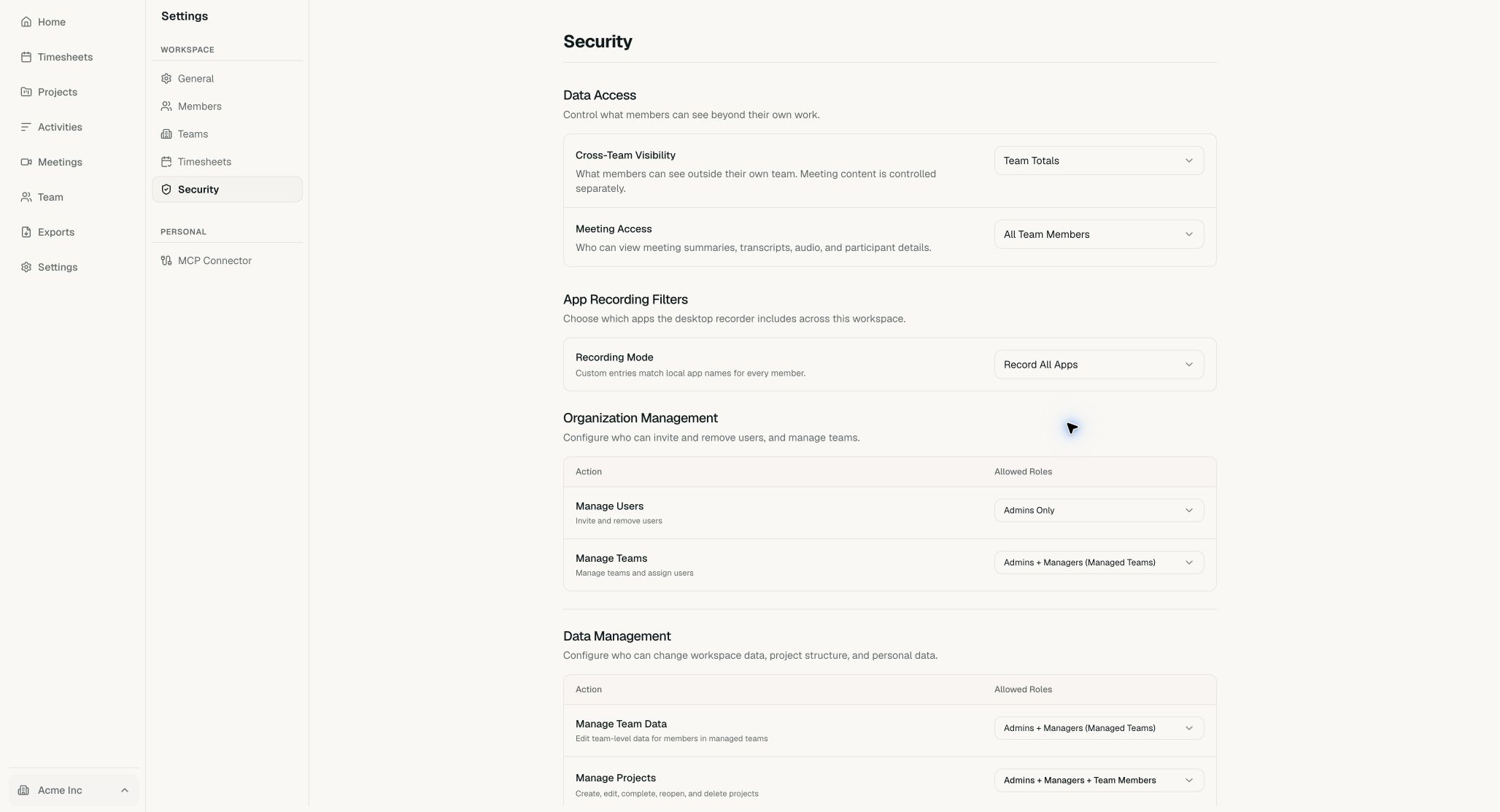 Acme Security settings with App Recording Filters