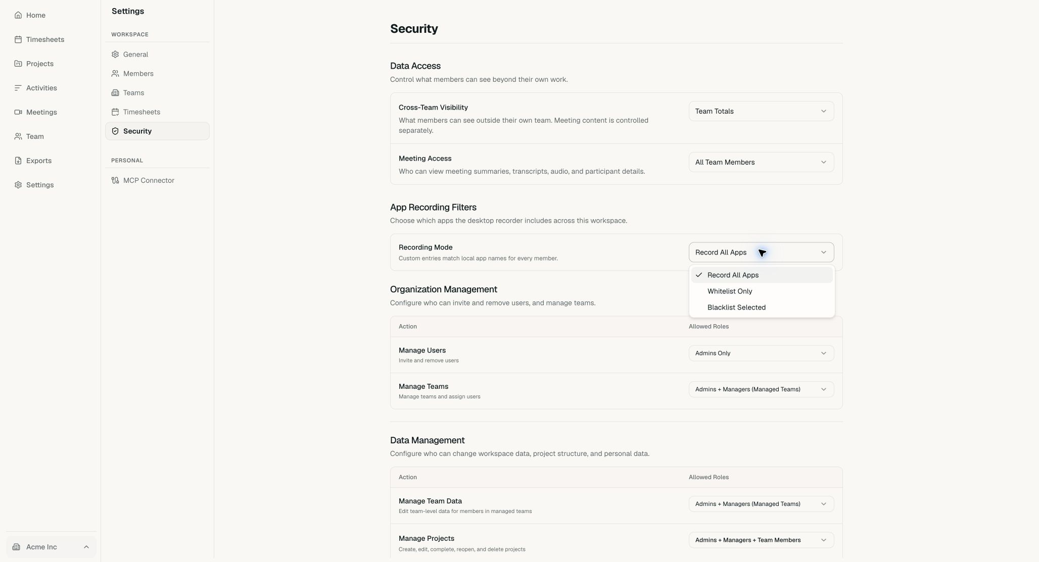 Recording Mode menu with record all, whitelist, and blacklist choices