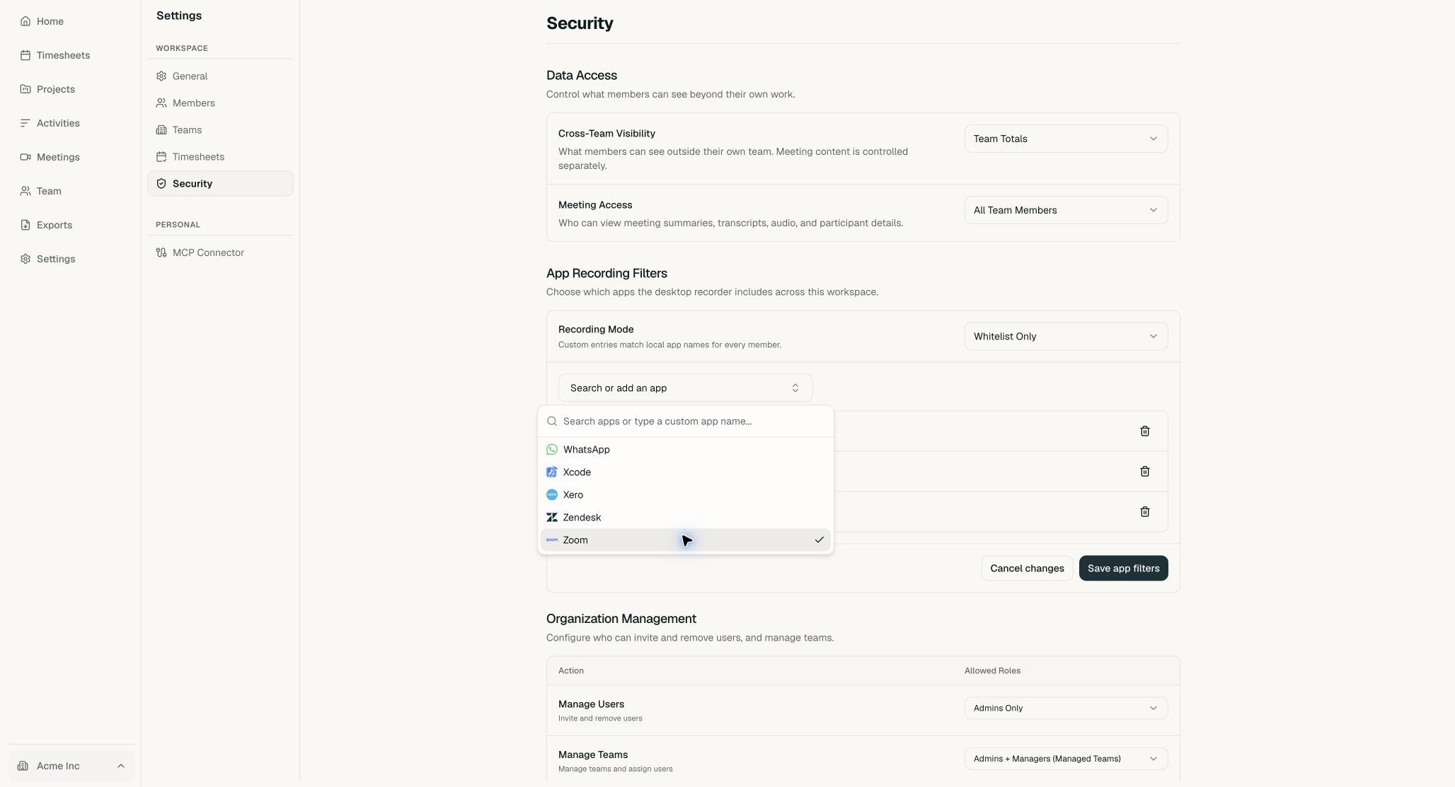 App picker with Google Chrome, Slack, and Zoom selected