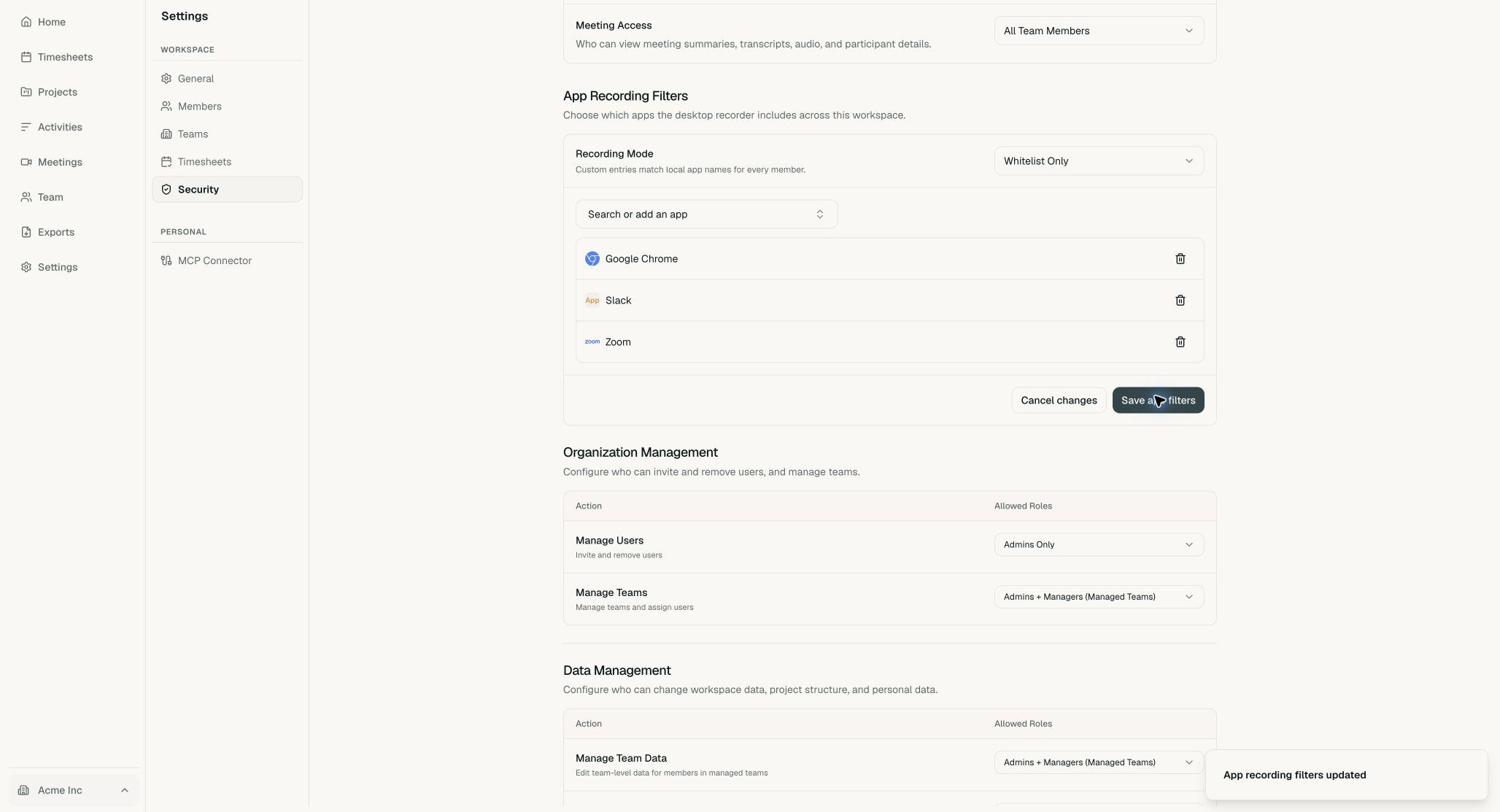 Saved Acme whitelist containing Google Chrome, Slack, and Zoom