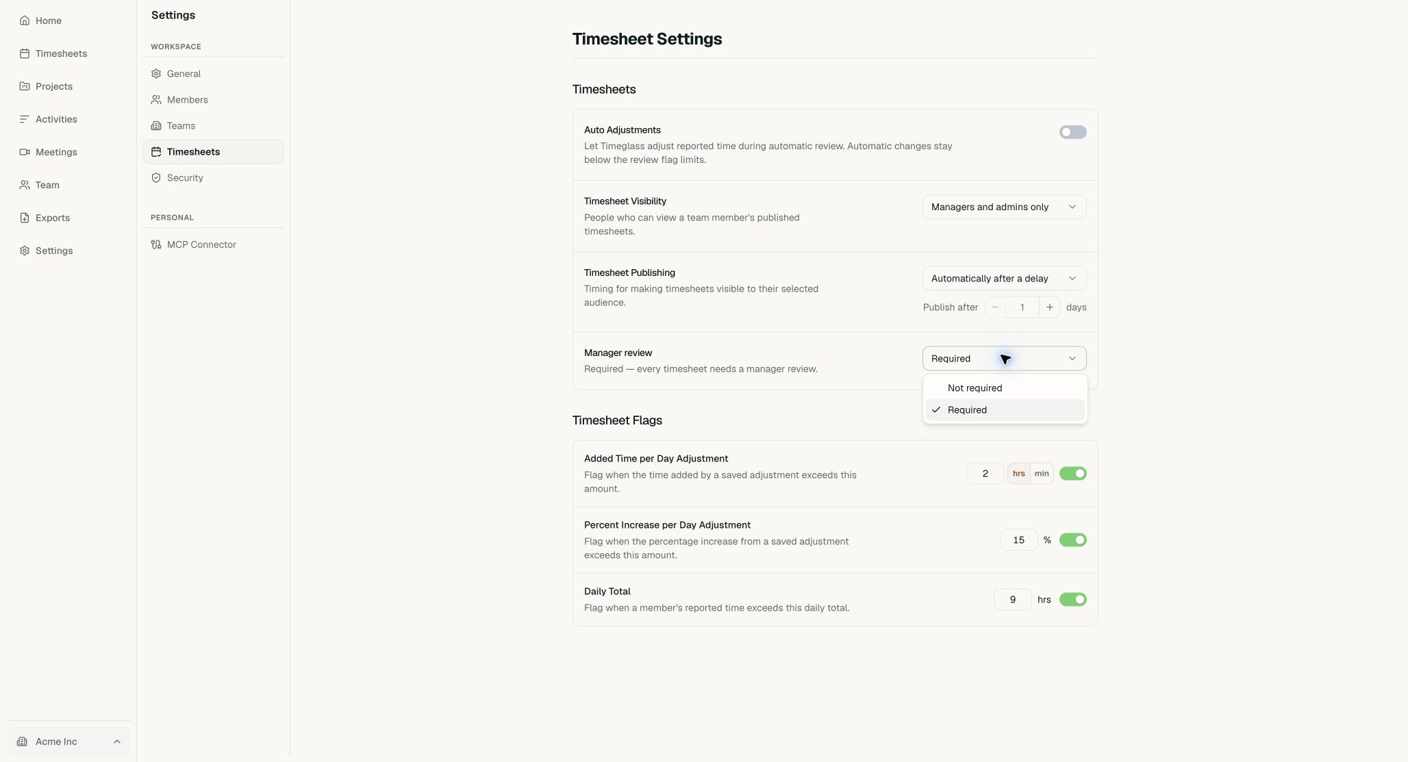 Manager review menu with Required and Not required options