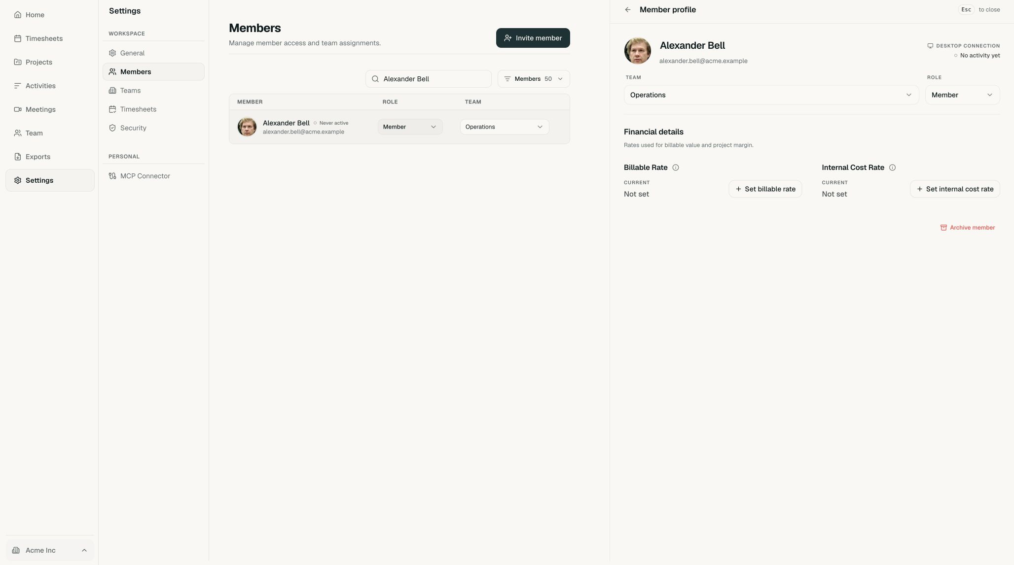 Timeglass member list with one member selected