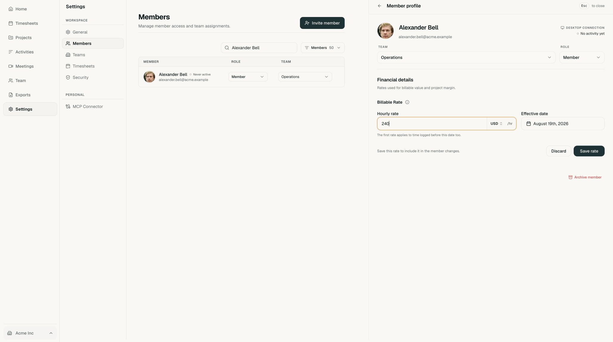 Billable rate editor with amount, currency, and effective date fields