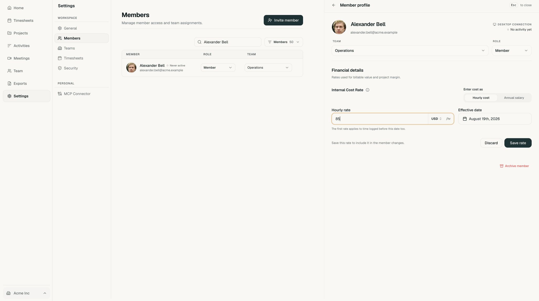 Internal cost rate editor with hourly cost selected