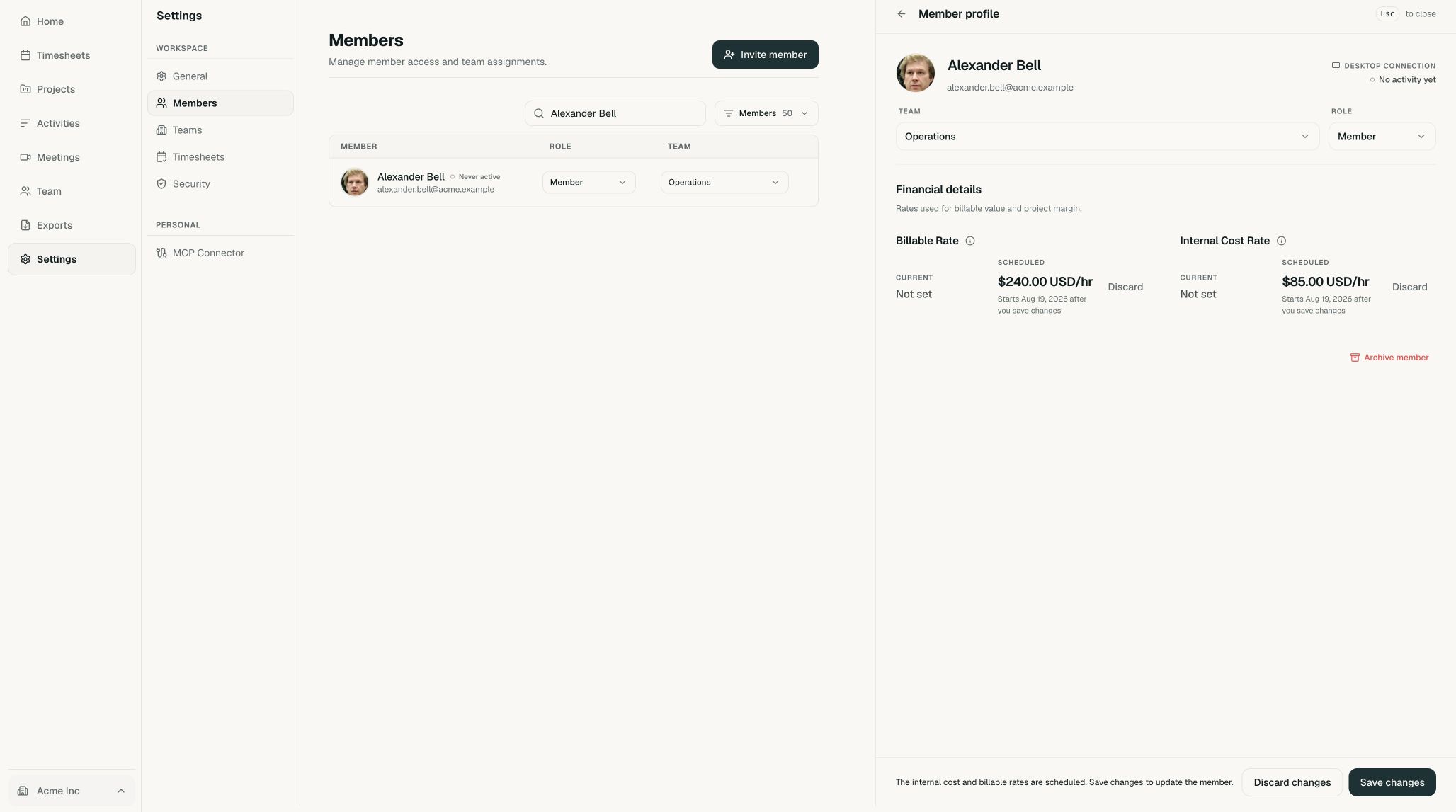 Member profile footer with Save changes button