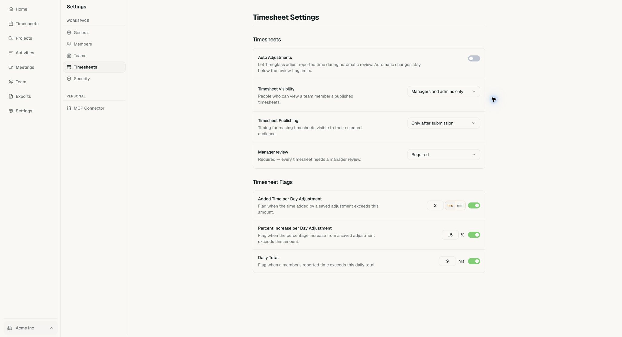 Acme Timesheet Settings page