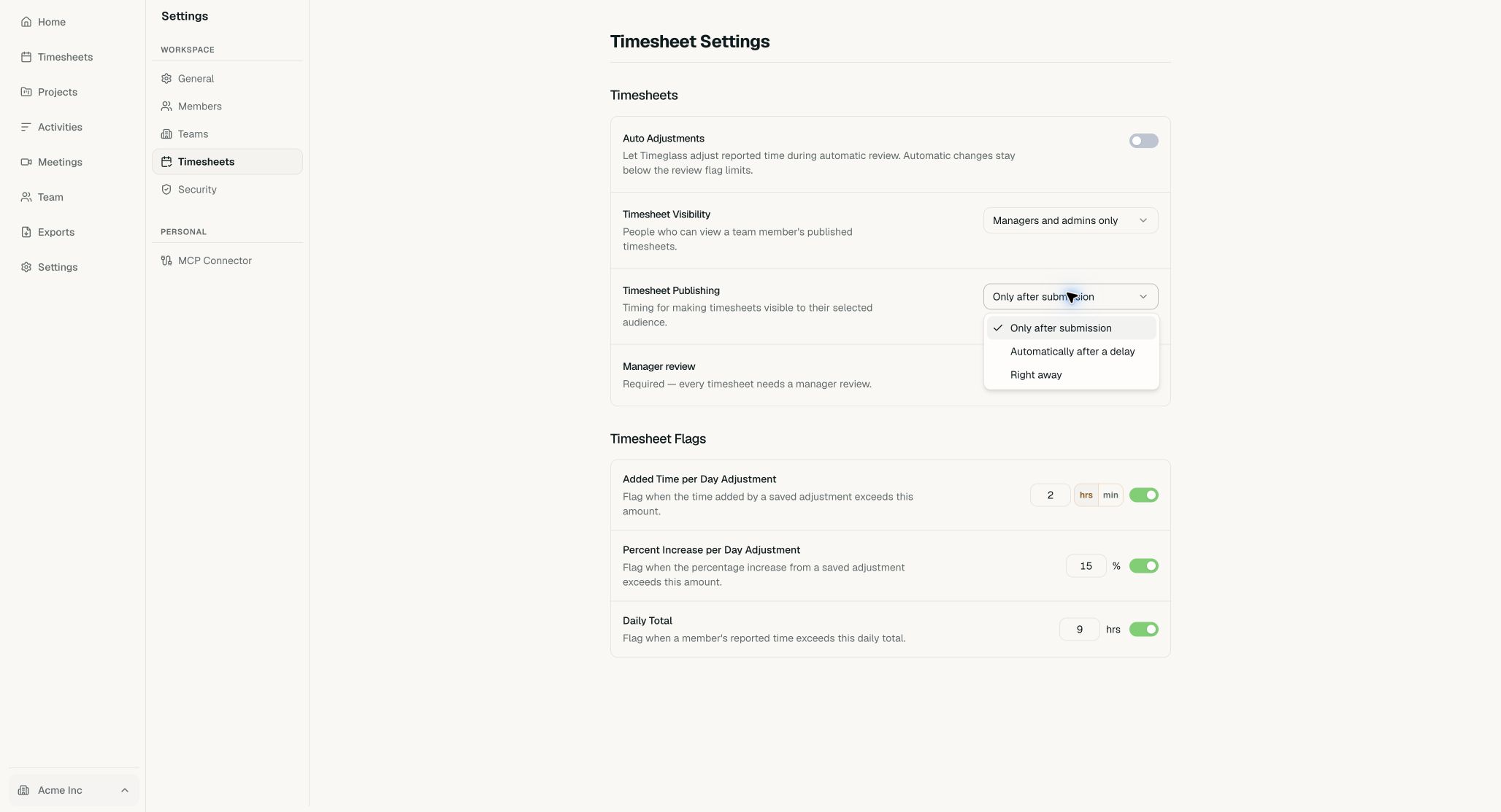 Timesheet Publishing menu with three timing options