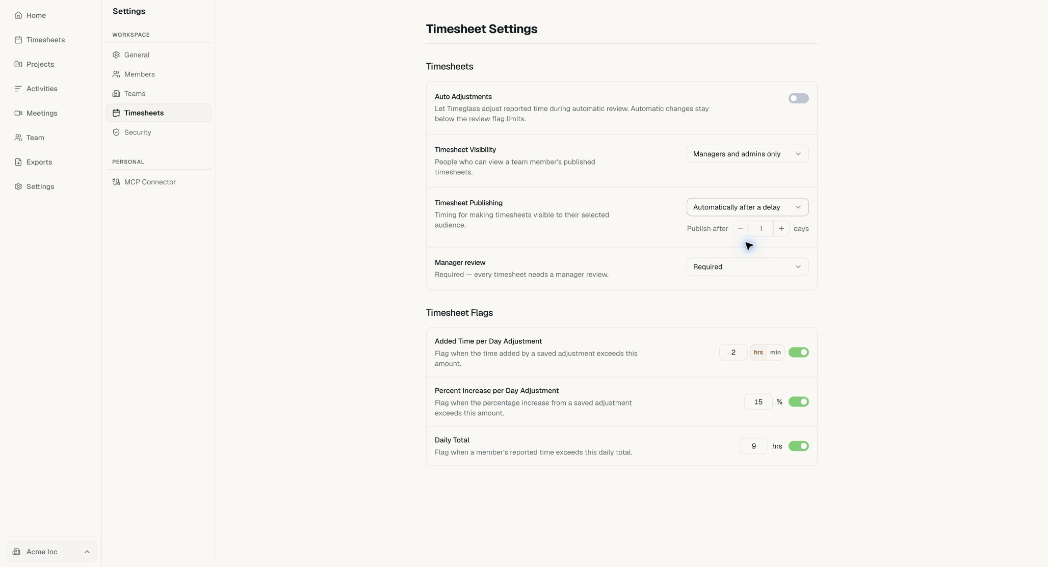 Timesheet Publishing set to automatically publish after one day